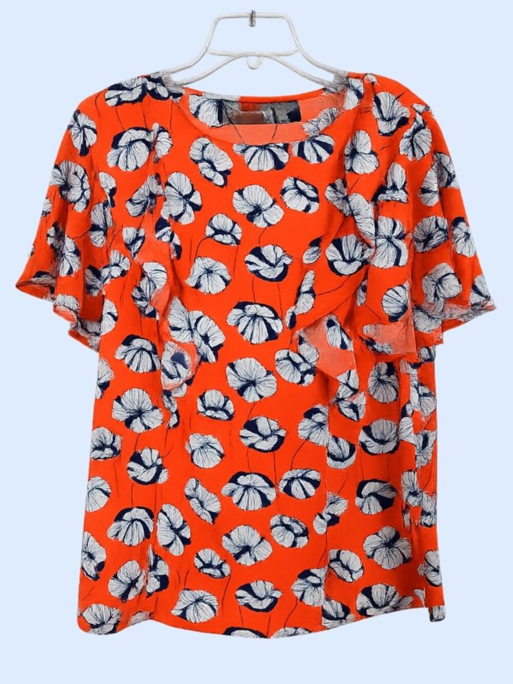 CODE MODE Ruffle orange blue white floral cropped short sleeve blouse S